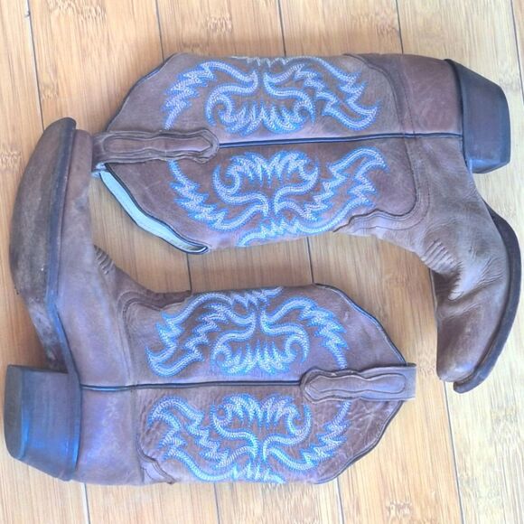 Women's Nocona Blue Bonnet Brown Western Boot 11" shaft Turquoise Stitching 6.5B - Picture 4 of 16